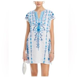 Johnny Was Blue and White Floral Paneled Linen Dress Size Large NWOT